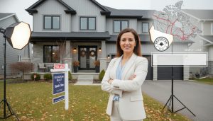 Realtor in front of a staged Georgetown Ontario home with commute map overlay