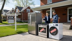 Real estate agent advising homeowner next to appliances and a For Sale sign in Georgetown Ontario