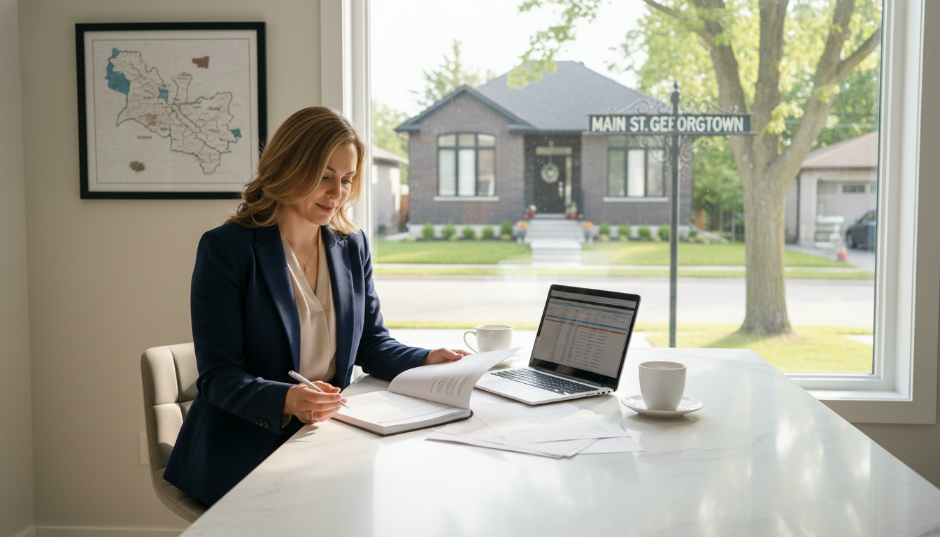 Georgetown realtor reviewing multiple offers at a table with a view of a Georgetown home and local neighborhood cues.