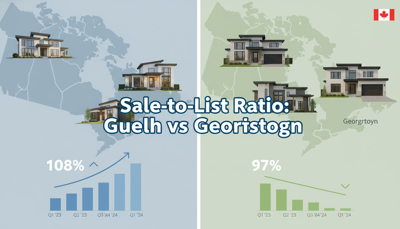 Infographic-style image showing sale-to-list ratio comparison between Guelph and Georgetown, Ontario with maps and house photos.