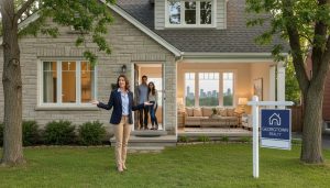 Real estate agent showing a home in Georgetown Ontario to prospective buyers near a For Sale sign