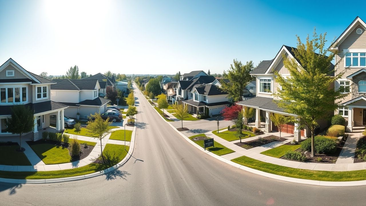 {"prompt":"A panoramic shot capturing a vibrant, contemporary suburban neighborhood characteristic of the GTA West, such as Milton or Oakville. The scene showcases an array of pristine, modern detached houses and elegant townhomes lined along tree-shaded streets, all under a luminous, cloudless sky. The glowing sunlight accentuates the fresh paint and immaculate landscaping, creating an inviting atmosphere. Subtle 'For Sale' signs are discreetly placed in front of a couple of houses in the distant background, hinting at lively real estate activity while remaining unobtrusive. The scene is devoid of pedestrians or children, emphasizing a pristine, peaceful environment. The overall ambiance exudes aspiration, highlighting the appeal of upscale suburban living in Ontario, with an emphasis on clean lines, vibrant colours, and a sense of community and comfort.\n\nWide-angle photograph showcasing a diverse streetscape in a clean, modern suburban neighbourhood typical of the GTA West (like Milton or Oakville), featuring a mix of well-maintained detached homes and townhouses under a bright, clear sky. Include subtly visible 'For Sale' signs on one or two properties in the distance, hinting at real estate activity without being the main focus. Ensure no people, especially children, are visible. The overall mood should be aspirational and represent desirable suburban living in Ontario.","originalPrompt":"Wide-angle photograph showcasing a diverse streetscape in a clean, modern suburban neighbourhood typical of the GTA West (like Milton or Oakville), featuring a mix of well-maintained detached homes and townhouses under a bright, clear sky. Include subtly visible 'For Sale' signs on one or two properties in the distance, hinting at real estate activity without being the main focus. Ensure no people, especially children, are visible. The overall mood should be aspirational and represent desirable suburban living in Ontario.","width":1280,"height":720,"seed":42,"model":"flux","enhance":false,"nologo":true,"negative_prompt":"worst quality, blurry","nofeed":false,"safe":false,"isMature":false,"isChild":false}