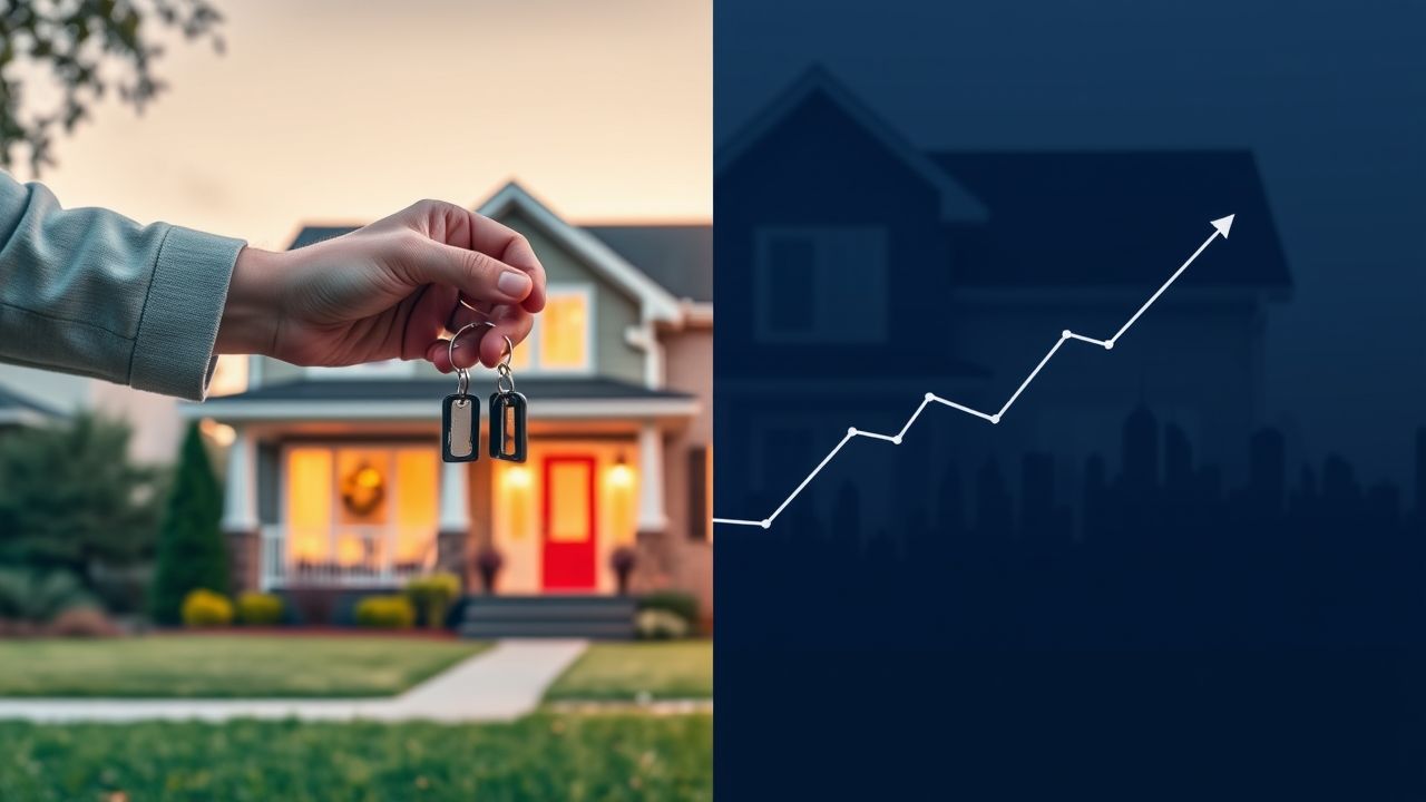 {"prompt":"A sleek, contemporary design divided diagonally to create two contrasting sections. One side depicts hands exchanging keys in front of a charming suburban residence characteristic of the Greater Toronto Area, resembling neighborhoods like Milton or Georgetown, with warm lighting and inviting details. The opposite side features a minimalist line graph subtly trending upward, symbolizing steady or modestly increasing housing prices, set against a subdued Toronto skyline silhouette fading into the distance. The scene emphasizes the tactile connection of the hands, the detail of the house's welcoming facade, and the simplicity of the rising market trend, all bathed in bright, hopeful tones that evoke optimism. No faces are shown; focus remains on hands, keys, the house, and the graph, with a clean, modern aesthetic and vibrant color palette.\n\nA clean, modern graphic split diagonally. One side shows keys being handed over in front of a welcoming suburban house in the GTA (like Milton or Georgetown style). The other side shows a simple graph line indicating stable or slightly rising house prices against a backdrop of the Toronto skyline silhouette faded in the distance. No people's faces are clearly visible, focus on hands/keys/house/graph. Bright, optimistic feel. No text overlay.","originalPrompt":"A clean, modern graphic split diagonally. One side shows keys being handed over in front of a welcoming suburban house in the GTA (like Milton or Georgetown style). The other side shows a simple graph line indicating stable or slightly rising house prices against a backdrop of the Toronto skyline silhouette faded in the distance. No people's faces are clearly visible, focus on hands/keys/house/graph. Bright, optimistic feel. No text overlay.","width":1280,"height":720,"seed":42,"model":"flux","enhance":false,"nologo":true,"negative_prompt":"worst quality, blurry","nofeed":false,"safe":false,"isMature":false,"isChild":false}