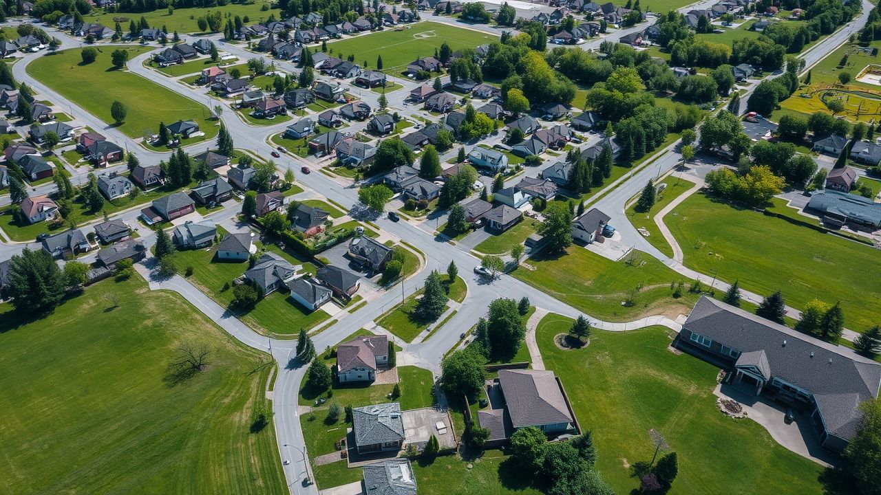{"prompt":"A bird's-eye view of a vibrant suburban community within the Greater Toronto Area, featuring an array of single-family homes with varied architectural styles, neatly lined streets crisscrossing through lush green lawns and mature trees, expansive parks and open grassy areas interspersed throughout the neighborhood, and a prominent school building with playground equipment nearby. The scene is illuminated by bright, crisp daylight, showcasing the harmonious blend of residential living and communal spaces in a realistic photographic style, with no people or signage visible to emphasize the tranquil, organized atmosphere of the neighborhood.\n\nOverhead shot of a diverse suburban neighbourhood in the GTA with houses, streets, green spaces, and a school building visible. Focus on the mix of elements representing community and real estate. Bright, clear daytime lighting. Avoid showing people or text. Realistic photography style.","originalPrompt":"Overhead shot of a diverse suburban neighbourhood in the GTA with houses, streets, green spaces, and a school building visible. Focus on the mix of elements representing community and real estate. Bright, clear daytime lighting. Avoid showing people or text. Realistic photography style.","width":1280,"height":720,"seed":42,"model":"flux","enhance":false,"nologo":true,"negative_prompt":"worst quality, blurry","nofeed":false,"safe":false,"isMature":false,"isChild":false}