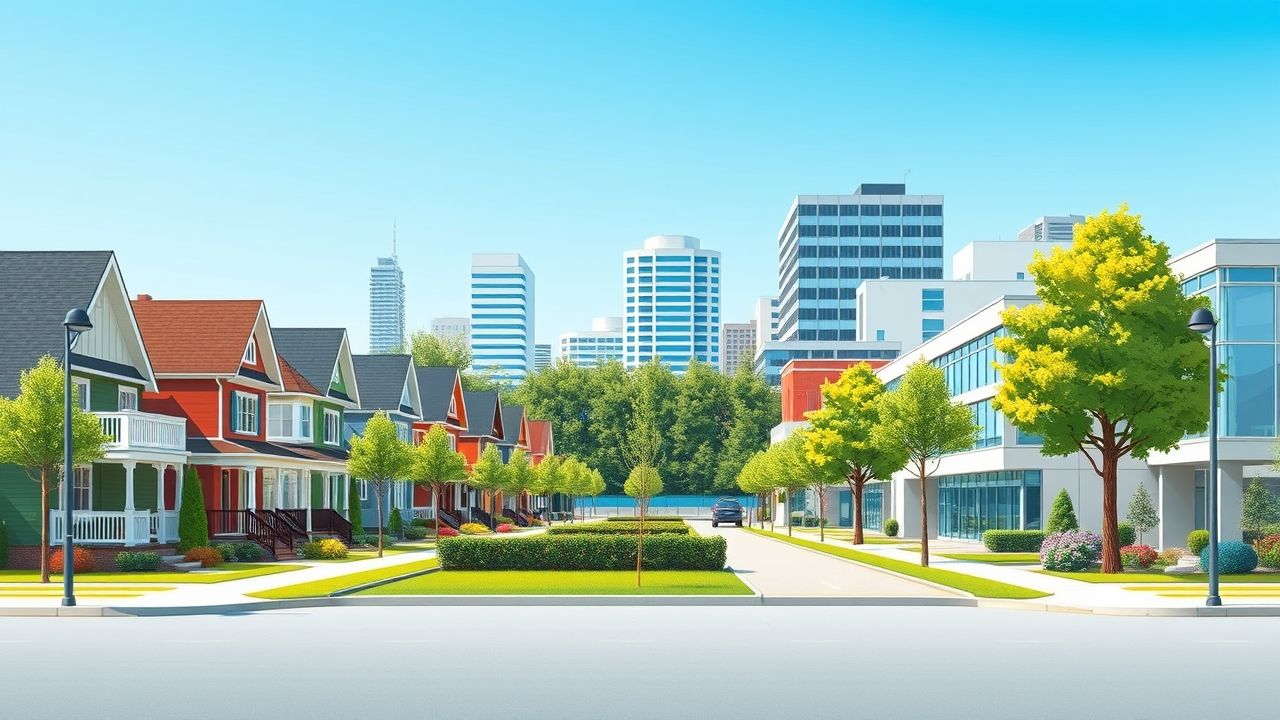 {"prompt":"An illustrated infographic depicting a vibrant suburban street within the Greater Toronto Area, featuring a row of charming, varied family residences on one side, characterized by cozy porches, manicured lawns, and colorful facades, while the opposite side showcases sleek, contemporary low-rise commercial structures such as office buildings and tidy warehouses with glass exteriors and minimalistic designs, set back behind a lush green strip dotted with mature trees and shrubs. The scene is bathed in bright sunlight under a cloudless blue sky, evoking a sense of clarity and optimism. The composition maintains a realistic yet stylized aesthetic, emphasizing the harmonious coexistence of comfortable domestic environments and modern business facilities, with no pedestrians or vehicles present to focus on the harmonious urban landscape.\n\nA stylized infographic-style image showing a diverse suburban street in the GTA with comfortable family homes on one side and clean, modern light commercial buildings (like low-rise offices or neat warehouses) visible in the distance on the other side, separated by a green buffer zone with trees. The sky is clear and sunny. The overall feel should be realistic but clean and slightly optimistic, representing the balance of residential living near amenities/commercial zones. No people visible.","originalPrompt":"A stylized infographic-style image showing a diverse suburban street in the GTA with comfortable family homes on one side and clean, modern light commercial buildings (like low-rise offices or neat warehouses) visible in the distance on the other side, separated by a green buffer zone with trees. The sky is clear and sunny. The overall feel should be realistic but clean and slightly optimistic, representing the balance of residential living near amenities/commercial zones. No people visible.","width":1280,"height":720,"seed":42,"model":"flux","enhance":false,"nologo":true,"negative_prompt":"worst quality, blurry","nofeed":false,"safe":false,"isMature":false,"isChild":false}