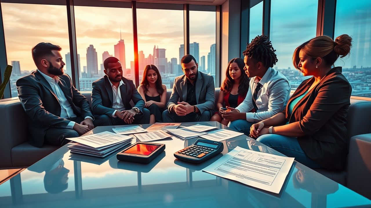 {"prompt":"Depict a contemporary urban scene inspired by Grand Theft Auto aesthetics, where a diverse group of individuals is engaged in a serious discussion about home closing costs. The setting is a sleek, modern living room with large windows overlooking a city skyline. On a polished coffee table, there are scattered legal papers, property contracts, and a digital calculator. The atmosphere combines professionalism with the edgy, vibrant color palette typical of GTA, featuring sharp contrasts and dynamic lighting that highlights the characters' focused expressions as they analyze the financial details together.\n\nCreate an image showing people discussing home buying closing costs in a modern GTA setting, including visual elements like legal documents and calculators.","originalPrompt":"Create an image showing people discussing home buying closing costs in a modern GTA setting, including visual elements like legal documents and calculators.","width":1280,"height":720,"seed":42,"model":"flux","enhance":false,"nologo":true,"negative_prompt":"worst quality, blurry","nofeed":false,"safe":false,"quality":"medium","image":null,"isMature":false,"isChild":false}
