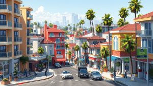 Colorful street in sunny urban neighborhood.