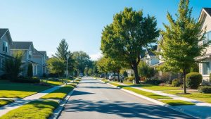 Quiet suburban street with houses and trees.