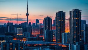 Toronto skyline at sunset with lit skyscrapers