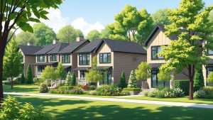 Row of modern townhouses with gardens
