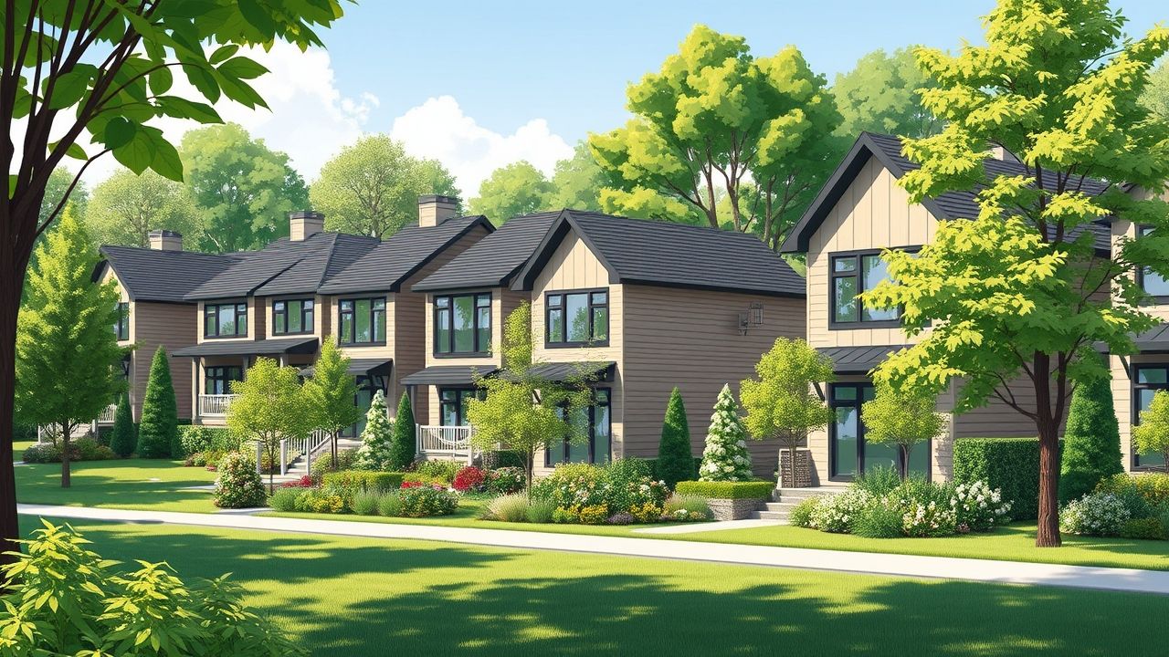 Row of modern townhouses with gardens