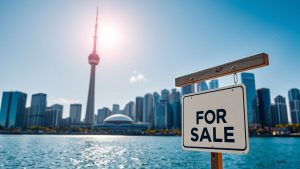 Toronto skyline with for sale sign.