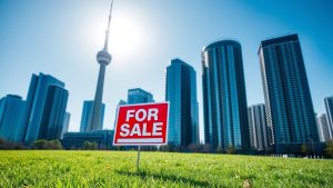 For sale sign in front of city skyline.