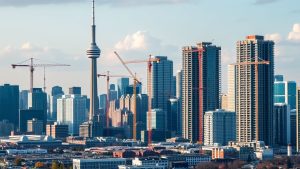 Toronto skyline with CN Tower and cranes.