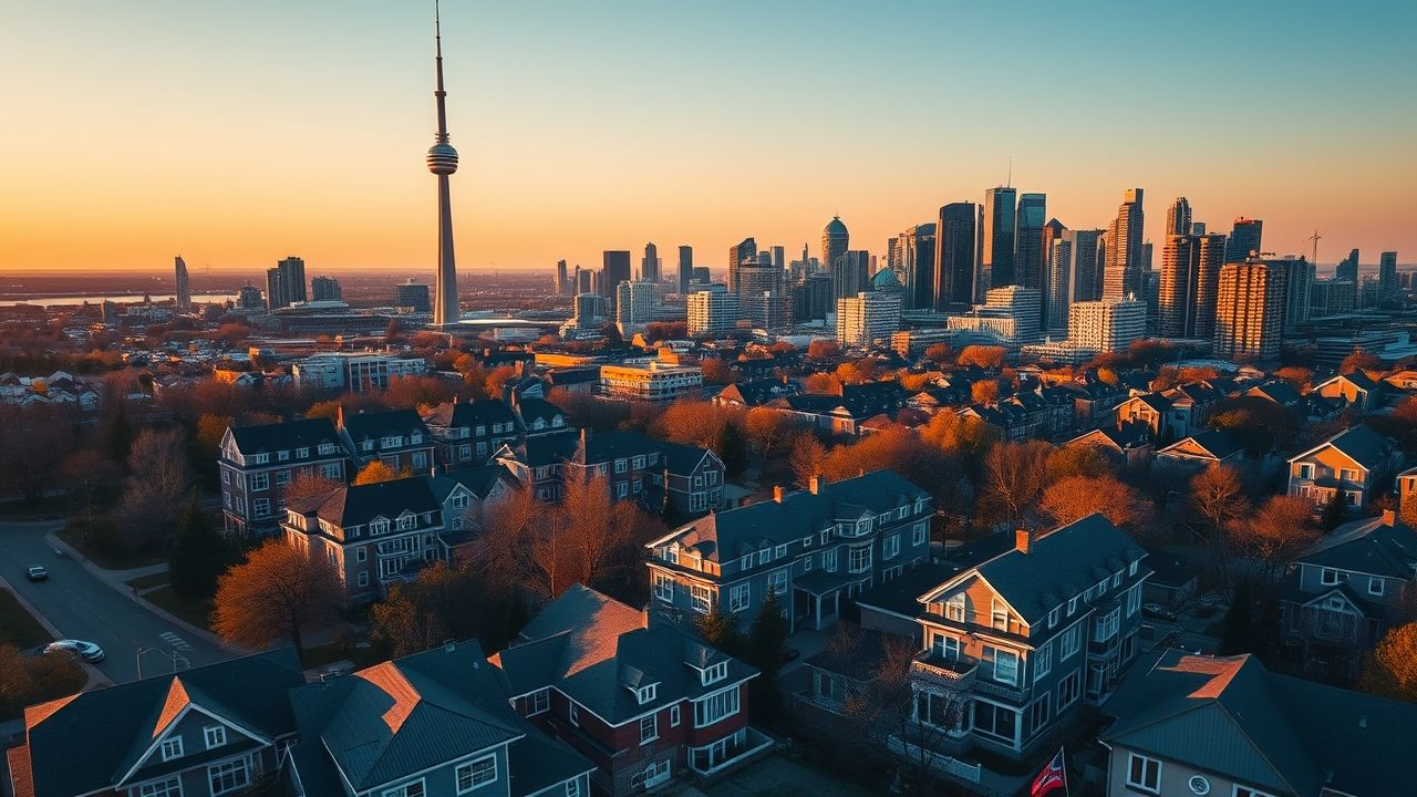 Toronto skyline at sunset with CN Tower view.