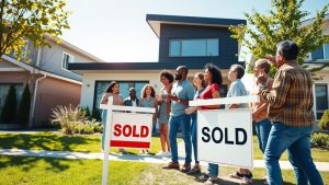 Group celebrating outside newly sold house