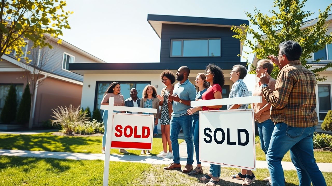 Group celebrating outside newly sold house