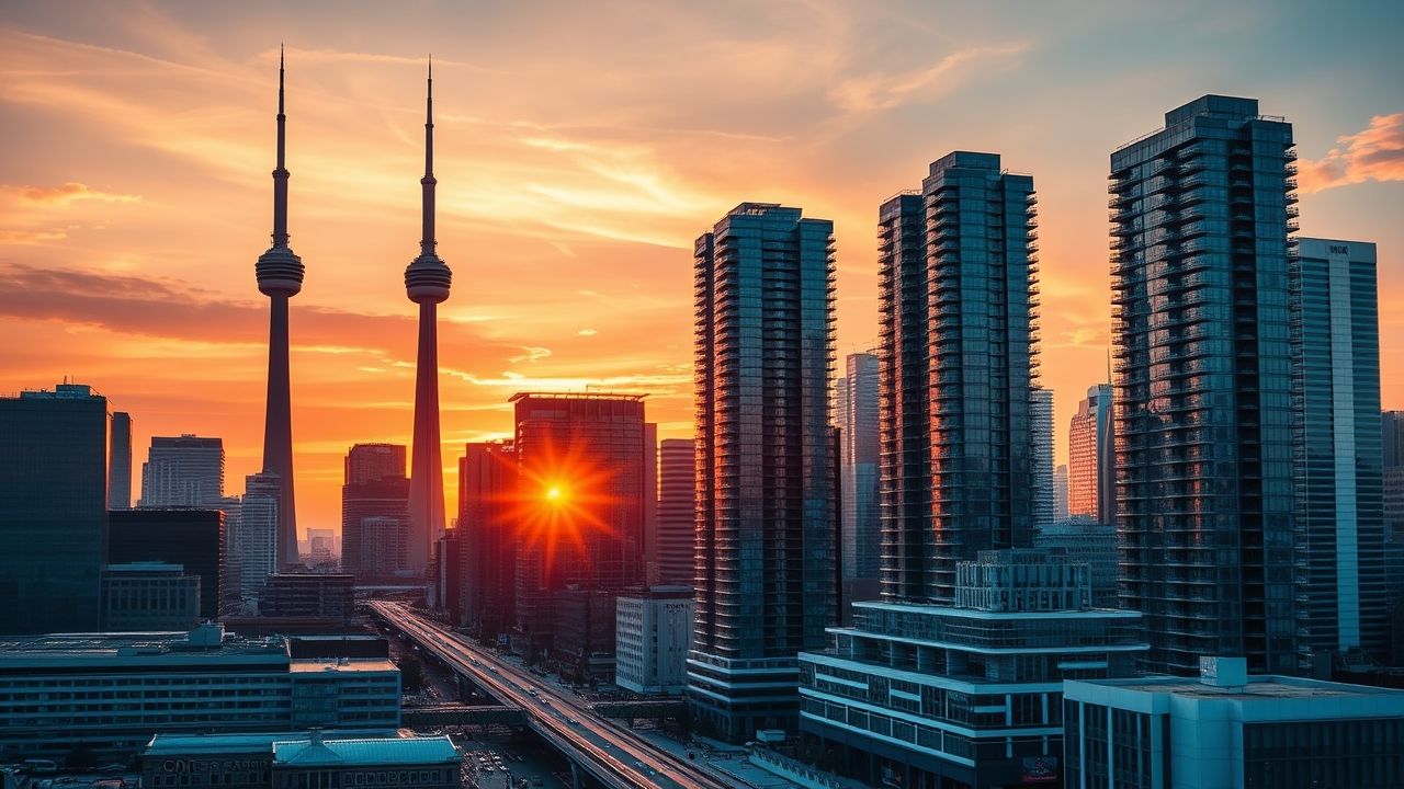 {"prompt":"Depict a contemporary Toronto cityscape during a radiant sunset, showcasing iconic landmarks such as the CN Tower and modern high-rise condos. The sky glows with warm hues of orange, pink, and purple, casting a golden light over sleek skyscrapers that symbolize the booming 2025 real estate market. Reflections shimmer off glass buildings, while bustling streets below hint at urban vitality and rapid development, capturing the dynamic energy and expansion of Toronto's housing sector.\n\nCreate an image of a modern Toronto skyline at sunset with key landmarks highlighting the vibrancy and growth in the real estate market for 2025.","originalPrompt":"Create an image of a modern Toronto skyline at sunset with key landmarks highlighting the vibrancy and growth in the real estate market for 2025.","width":1280,"height":720,"seed":42,"model":"flux","enhance":false,"nologo":true,"negative_prompt":"worst quality, blurry","nofeed":false,"safe":false,"quality":"medium","image":[],"transparent":false,"isMature":false,"isChild":false}