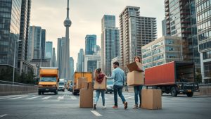 Family moving in city street with boxes