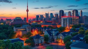 Toronto skyline at sunset with CN Tower.