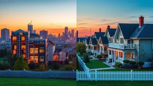 City skyline and suburban homes at sunset