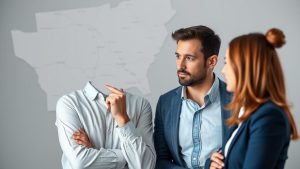 Three people discussing in front of map.