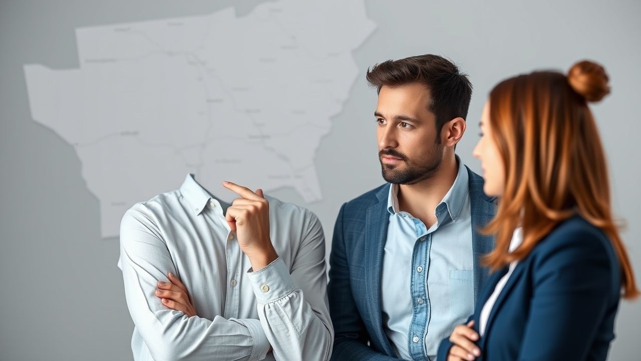 Three people discussing in front of map.