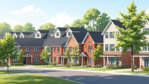 Suburban townhouses with trees on sunny day