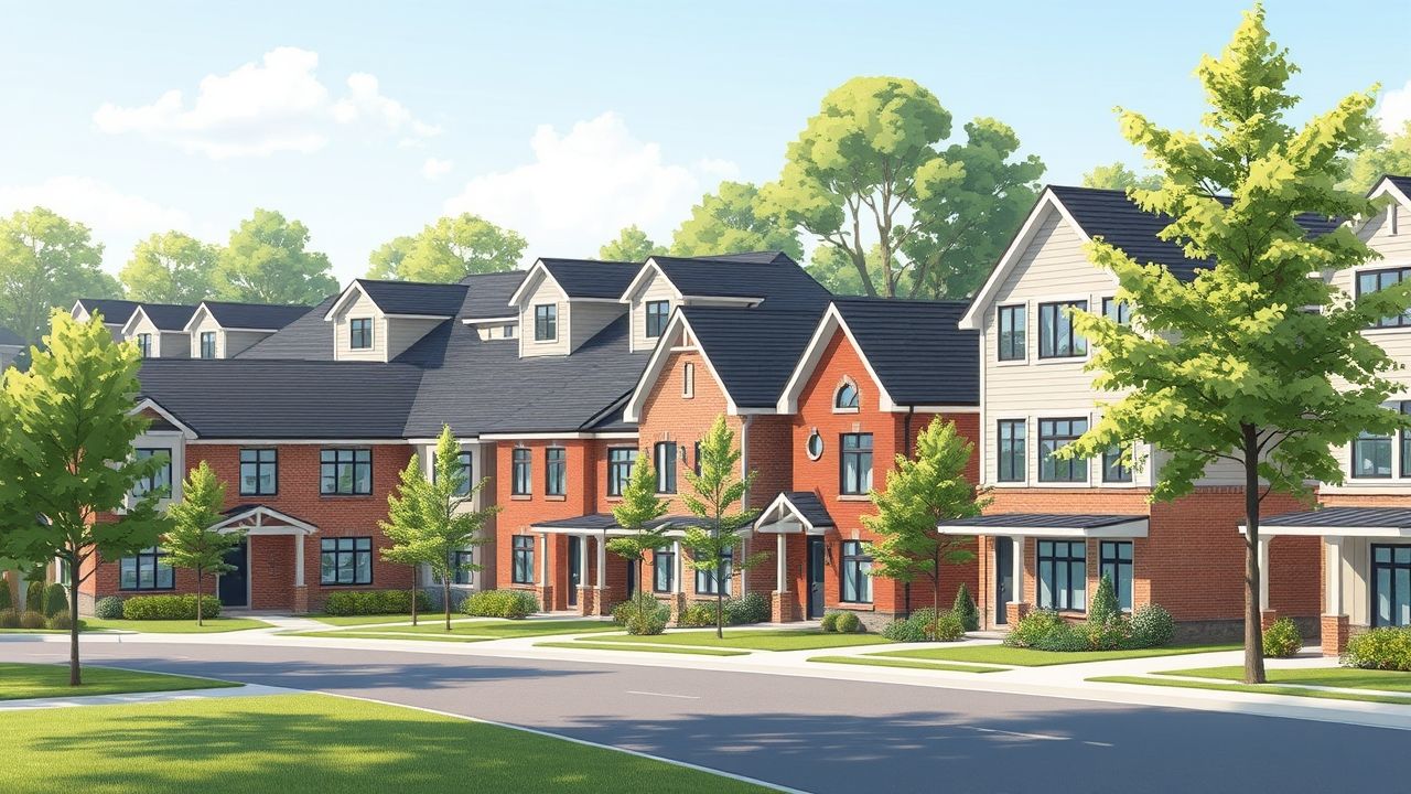 Suburban townhouses with trees on sunny day