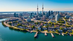 Toronto skyline with CN Tower and waterfront view.