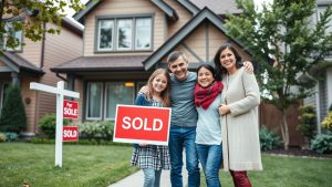 Happy family outside newly sold home