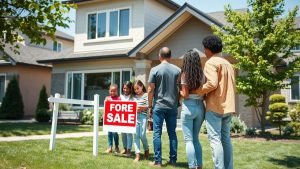 Family viewing house with for sale sign.