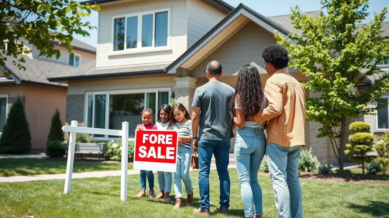 Family viewing house with for sale sign.