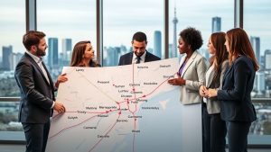 Business team discussing large city map indoors.
