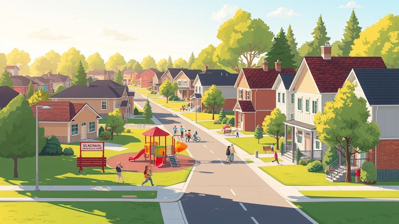 Suburban street with playground and houses