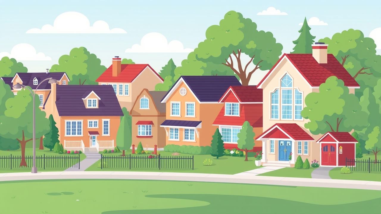Colorful suburban houses with trees and gardens