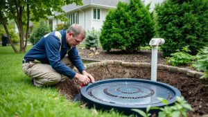 Man inspecting underground septic tank in garden
