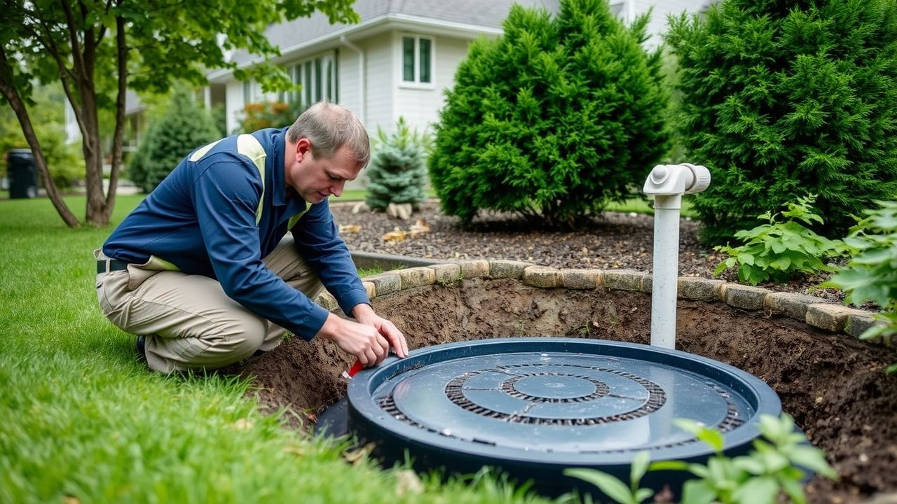 Man inspecting underground septic tank in garden