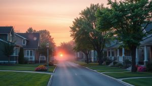 Sunset over suburban street with houses and trees