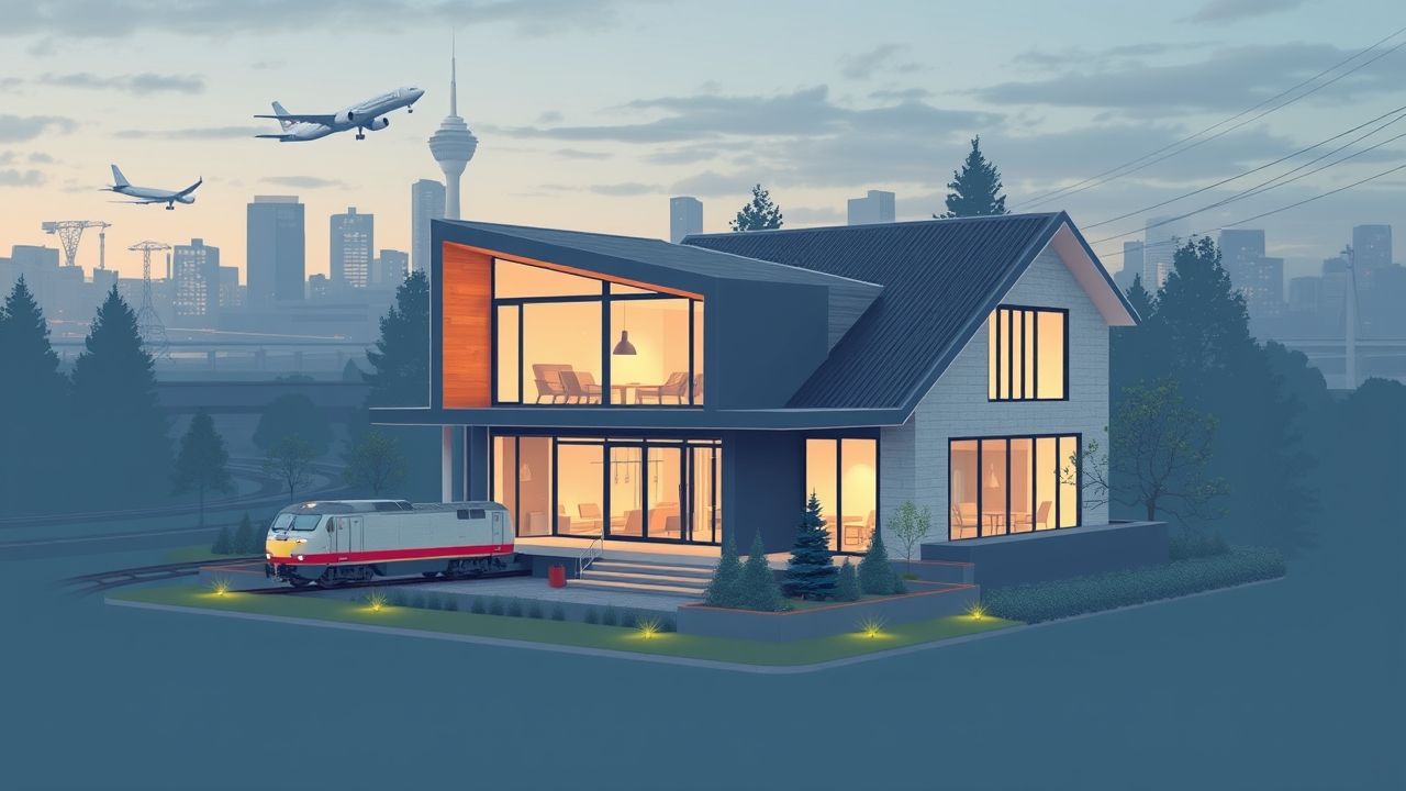 Modern house near city, plane, and train.
