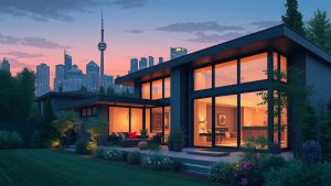 Modern house with city skyline at dusk.