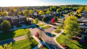 Aerial view of suburban neighborhood with trees.