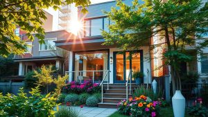 Modern house with vibrant garden and sunlight
