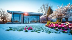 Modern house with snow and blooming trees