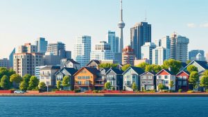 City skyline with colorful lakefront houses.