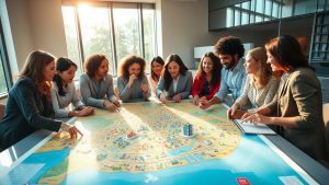 Diverse team analyzing city map in office meeting.
