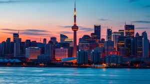 Toronto skyline at sunset with CN Tower
