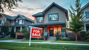 Suburban house with 'For Sale' sign in yard.