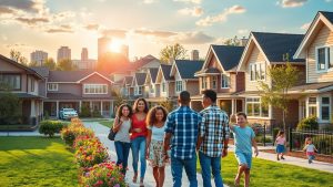 Happy family walking in suburban neighborhood at sunset.