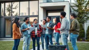Group of people discussing papers outdoors